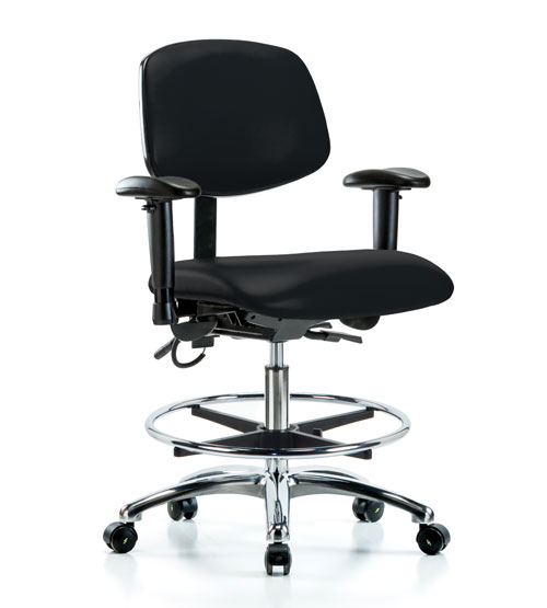 Black Polyurethane Laboratory Chair | Medium Bench Height with Seat Tilt,  Chrome Foot Ring, & Casters